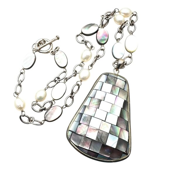 Womens Necklace Sterling Silver Inlay Pearl Pendant LUC 925 Designer - Picture 5 of 6